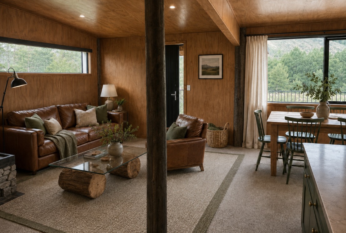 Open plan living and dining area with a wood burner